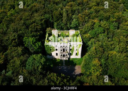 Blick aus der Vogelperspektive auf die mit Ivy bedeckten historischen Ruinen von Moore Hall, umgeben vom Irish Forest Stockfoto
