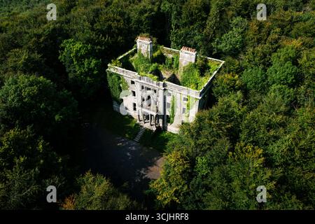 Blick aus der Vogelperspektive auf die mit Ivy bedeckten historischen Ruinen von Moore Hall, umgeben vom Irish Forest Stockfoto