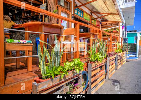 Puerto Ayora, Ecuador – 30. März 2018: Farbenfrohe hölzerne Café-Terrasse mit tropischen Topfpflanzen und handbemalten Schildern entlang der Fußgängerzone Stockfoto