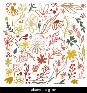 Herbstblumen und Blätter in Kreide. Handgezeichnet. Nicht AI, Vektorillustration Stock Vektor