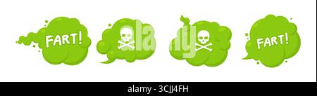 Lustige grüne Furzwolken Comic-Text giftige Schädelsymbole Humor Stinkgeruch und Cartoon-Gasblasen Stock Vektor