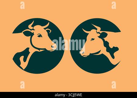 Zwei stilisierte Kuhköpfe, die sich in ovalen Formen auf einem warmen orangen Hintergrund gegenüberstehen Stock Vektor