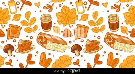 Nahtloses Herbstkaffeekuchenmuster. Kaffeetasse, Kuchen, Brötchen, Toast und Kerze mit Herbstblättern und Pilzen im Cartoon Flat Style. Nahtlos bequem Stock Vektor