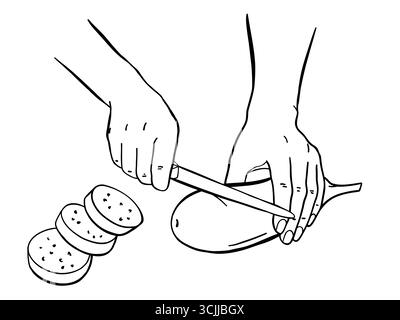 Hausmannskonzept. Der Koch schneidet Auberginen bei der Teigzubereitung mit Händen. Kochen Sie zu Hause, Online-Rezepte für einfache Speisen, Familienaktivitäten, hausgemachte Tradition Stock Vektor