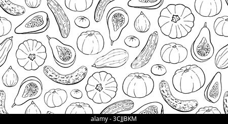 Herbstkürbis- und Zucchini-Muster im Doodle-Stil. Geeignet für die Dekoration von Herbstferien, Halloween, diversen Lebensmitteln und lustigen Prints mit Vegeta Stock Vektor