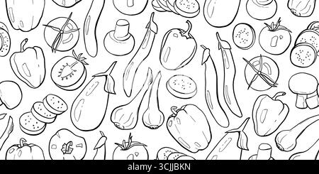 Trendiges, nahtloses Herbstmuster mit Gemüse. Moderne Herbst-Doodle-Linie Vektor-Illustration. Hintergrund des Konzepts der schwarzen Linie Stock Vektor