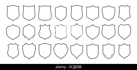 Schildschild-Symbol-Vektorsatz. Sicherheitsschild in unterschiedlicher Form, Umrissschild, Militär, Wappenschilde, Wappen-Set. Schutzlogo, Schutzabzeichen oder Schutzsymbol für Website-Design, Logo, App Stock Vektor