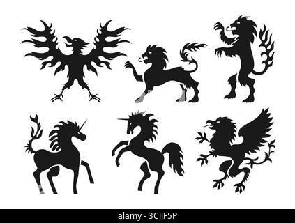 Heraldische Tiere für Wappensätze. Heraldry Wappen Elemente Maskottchen Löwe, Einhorn, Adler und Fantasy griffin Silhouette Kollektion. Mittelalterliche Embleme für Königreich Vektor Grafik Illustration Stock Vektor