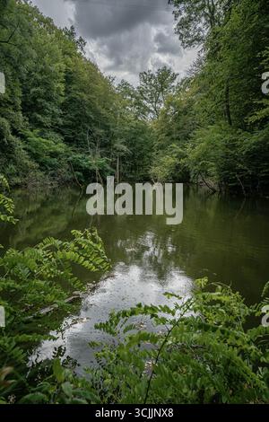 Kleiner Waldteich in Griechenland, umgeben von dichten Bäumen, die sich auf ruhigem Wasser unter dramatischem bewölktem Himmel spiegeln Stockfoto