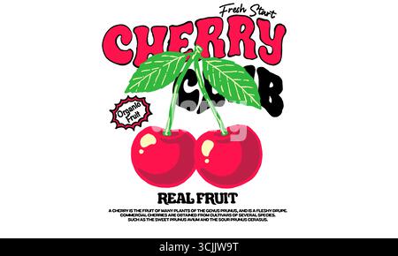 Retro-Kunstwerk von zwei Bio-Kirschen mit Blättern. Vintage Cherry Club Illustration für T-Shirt-Druck, Poster Stock Vektor