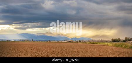 Beeindruckender Sonnenuntergang mit einem dramatischen Himmel aus schwarzen und goldenen Wolken und Sonnenstrahlen über dem Ackerland im Ebro-Delta. Stockfoto