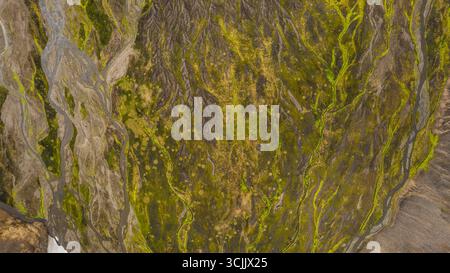 Aus der Vogelperspektive des geflochtenen isländischen Flusssystems, das durch vulkanische Berge mit kargem felsigem Boden und Moosvegetation fließt Stockfoto