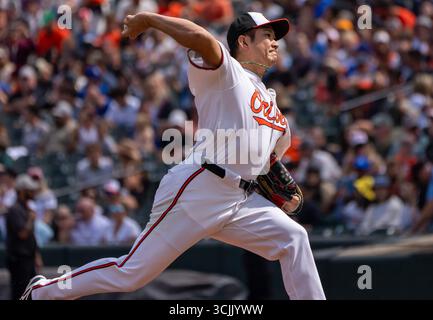 Baltimore, USA. September 2025. BALTIMORE, MD – 07. SEPTEMBER: Tomoyuki Sugano (19) auf dem Hügel während eines MLB-Spiels zwischen den Baltimore Orioles und den Los Angeles Dodgers am 7. September 2025 im Oriole Park at Camden Yards in Baltimore, Maryland. (Foto: Tony Quinn/SipaUSA) Credit: SIPA USA/Alamy Live News Stockfoto