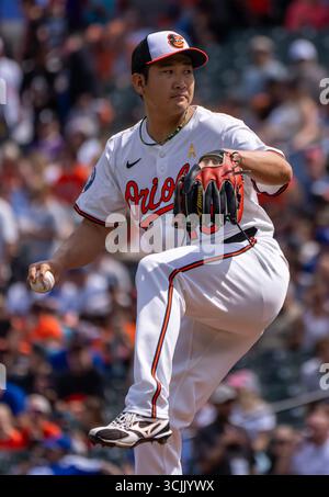 Baltimore, USA. September 2025. BALTIMORE, MD – 07. SEPTEMBER: Tomoyuki Sugano (19) auf dem Hügel während eines MLB-Spiels zwischen den Baltimore Orioles und den Los Angeles Dodgers am 7. September 2025 im Oriole Park at Camden Yards in Baltimore, Maryland. (Foto: Tony Quinn/SipaUSA) Credit: SIPA USA/Alamy Live News Stockfoto