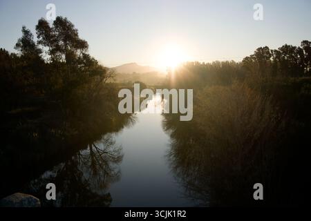 Goldener Sonnenaufgang, ein ruhiger Fluss, der durch üppige Natur fließt Stockfoto