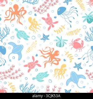 Seamless Underwater Cartoon Marine Life Pattern Stock Vektor