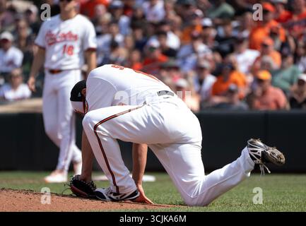 Baltimore, USA. September 2025. BALTIMORE, MD – 07. SEPTEMBER: Tomoyuki Sugano (19) wurde am 7. September 2025 bei einem MLB-Spiel zwischen den Baltimore Orioles und den Los Angeles Dodgers im Oriole Park at Camden Yards in Baltimore, Maryland, vom Ball getroffen. (Foto: Tony Quinn/SipaUSA) Credit: SIPA USA/Alamy Live News Stockfoto