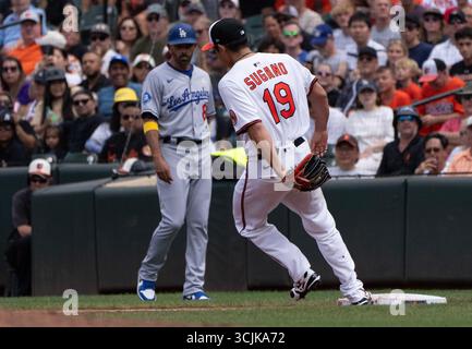 Baltimore, USA. September 2025. BALTIMORE, MD – 07. SEPTEMBER: Der Baltimore Orioles Pitcher Tomoyuki Sugano (19) deckt die erste Basis während eines MLB-Spiels zwischen den Baltimore Orioles und den Los Angeles Dodgers am 7. September 2025 im Oriole Park in Camden Yards in Baltimore, Maryland. (Foto: Tony Quinn/SipaUSA) Credit: SIPA USA/Alamy Live News Stockfoto