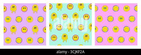 Retro Happy Funny Smile Face Cartoon Set nahtloses Muster. Psychedelic Comic Cooler Sticker trendige 90er Jahre Zeichentrickfilm grenzenloser Hintergrund. Verspielter endloser Hippie-Vektor für bedruckte Textil-Wickelschablone Stock Vektor