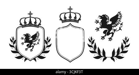 Wappen mit edlem greifenadler, Lorbeerkranz, Schild, Krone. Heraldisches Wappen-Set. Mittelalterliche Embleme Logo Fantasy Kingdom. Wappengenerator Vintage Vektor Grafik Design Illustration Stock Vektor