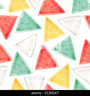 Nahtloses Aquarellmuster mit bunten Dreiecksfahnen in Rot, Grün, Gelb und weiß. Handgemaltes festliches Flaschendesign, perfekt für Stoff und Wrap Stockfoto