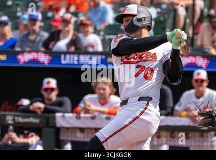 Baltimore, USA. September 2025. BALTIMORE, MD – 07. SEPTEMBER: Alex Jackson (70) bei Fledermaus während eines MLB-Spiels zwischen den Baltimore Orioles und den Los Angeles Dodgers am 7. September 2025 im Oriole Park at Camden Yards in Baltimore, Maryland. (Foto: Tony Quinn/SipaUSA) Credit: SIPA USA/Alamy Live News Stockfoto