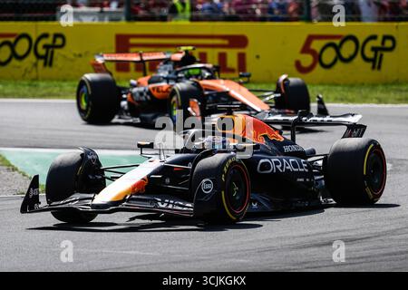 Mailand, Italien. September 2025. Der niederländische Red Bull Racing-Pilot Max Verstappen (Front) tritt am 7. September 2025 beim Grand Prix von Italien beim Autodromo Nazionale Monza in Monza bei Mailand an 2025. Quelle: Peng Ziyang/Xinhua/Alamy Live News Stockfoto