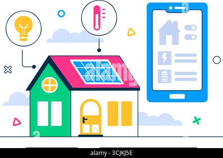 Vektor-Illustration für Smart Home Devices, die über ein Smartphone mit integriertem Elektroniksystem im Hintergrund gesteuert wird Stock Vektor