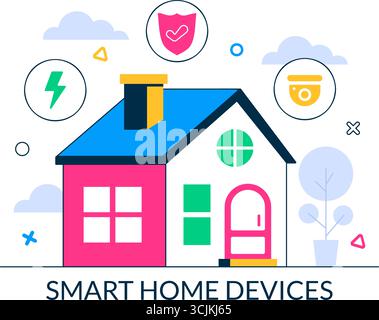 Vektor-Illustration für Smart Home Devices, die über ein Smartphone mit integriertem Elektroniksystem im Hintergrund gesteuert wird Stock Vektor