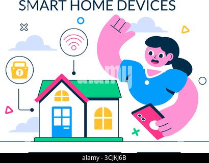 Vektor-Illustration für Smart Home Devices, die über ein Smartphone mit integriertem Elektroniksystem im Hintergrund gesteuert wird Stock Vektor