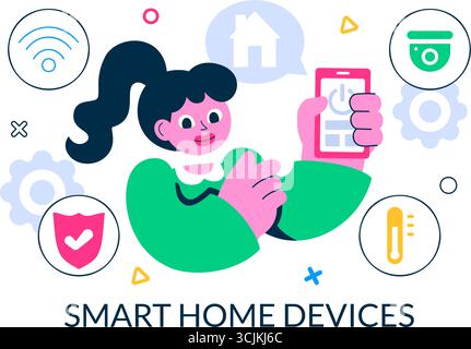 Vektor-Illustration für Smart Home Devices, die über ein Smartphone mit integriertem Elektroniksystem im Hintergrund gesteuert wird Stock Vektor