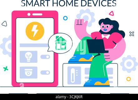Vektor-Illustration für Smart Home Devices, die über ein Smartphone mit integriertem Elektroniksystem im Hintergrund gesteuert wird Stock Vektor