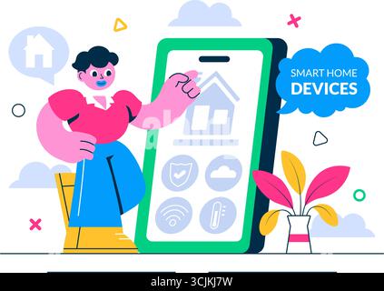 Vektor-Illustration für Smart Home Devices, die über ein Smartphone mit integriertem Elektroniksystem im Hintergrund gesteuert wird Stock Vektor