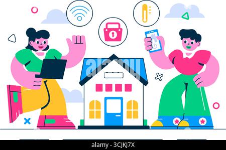 Vektor-Illustration für Smart Home Devices, die über ein Smartphone mit integriertem Elektroniksystem im Hintergrund gesteuert wird Stock Vektor