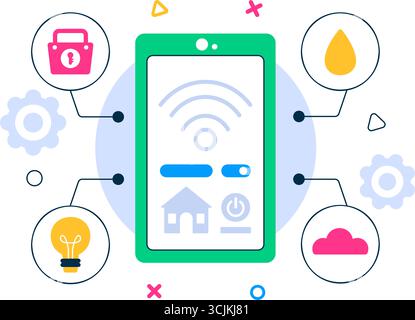 Vektor-Illustration für Smart Home Devices, die über ein Smartphone mit integriertem Elektroniksystem im Hintergrund gesteuert wird Stock Vektor
