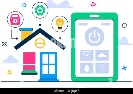 Vektor-Illustration für Smart Home Devices, die über ein Smartphone mit integriertem Elektroniksystem im Hintergrund gesteuert wird Stock Vektor