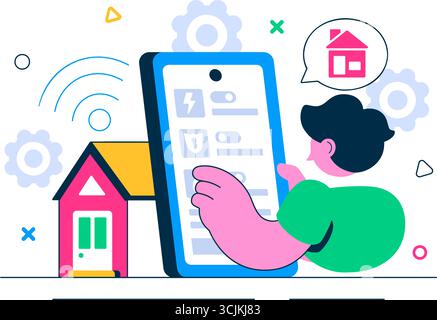 Vektor-Illustration für Smart Home Devices, die über ein Smartphone mit integriertem Elektroniksystem im Hintergrund gesteuert wird Stock Vektor