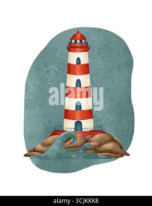 Eine lebendige Leuchtturmillustration auf zerklüfteten Felsen inmitten von stürzenden Wellen, mit beruhigenden Farben im Hintergrund. Isolierte handgezeichnete Komposition auf weißem Hintergrund. Stockfoto