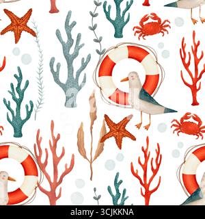 Charmantes und entzückendes Muster mit Möwen, Seesternen, Korallen und verschiedenen nautischen Elementen und Motiven. Handgezeichnetes nahtloses Muster auf weißem Hintergrund zum Drucken auf Stoff und Papier. Stockfoto