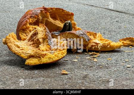 Ein weicher, verfaulender Kürbis liegt in Stücken, nachdem er nach Halloween auf dem Bürgersteig zerschlagen wurde. Stockfoto