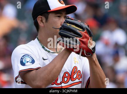 Baltimore, USA. September 2025. BALTIMORE, MD – 07. SEPTEMBER: Tomoyuki Sugano (19) auf dem Hügel während eines MLB-Spiels zwischen den Baltimore Orioles und den Los Angeles Dodgers am 7. September 2025 im Oriole Park at Camden Yards in Baltimore, Maryland. (Foto: Tony Quinn/SipaUSA) Credit: SIPA USA/Alamy Live News Stockfoto