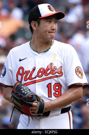 Baltimore, USA. September 2025. BALTIMORE, MD – 07. SEPTEMBER: Tomoyuki Sugano (19) auf dem Hügel während eines MLB-Spiels zwischen den Baltimore Orioles und den Los Angeles Dodgers am 7. September 2025 im Oriole Park at Camden Yards in Baltimore, Maryland. (Foto: Tony Quinn/SipaUSA) Credit: SIPA USA/Alamy Live News Stockfoto