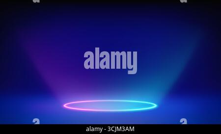 Futuristisch glühende Bühne, Studio. Leeres Zimmer, kreisförmige neonviolette blaue Beleuchtung im Boden. Das Produkt hängt schweben. Hintergrund. Produkt wird angezeigt Stock Vektor