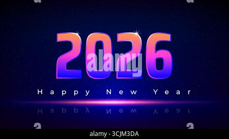 Frohes Neues Jahr 2026, 26. Neujahrsgrußkarte. Violette magentarote Zahlen 2026 auf dunkelblauem Hintergrund. Futuristisches technologisches Design. Vektor Stock Vektor
