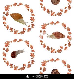 Schnecken in Herbstkränzen aus Eichenblättern und Eicheln auf weißem Hintergrund. Nahtloses Aquarellmuster perfekt für Stoffdrucke und Geschenkverpackungen Stockfoto