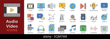 Audio/Video-Symbolpaket. 24 bearbeitbare Multimedia-Symbole für Sound, Musik, Wiedergabe und Aufnahme-UI Stock Vektor