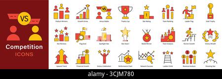 Symbol-Set für Wettbewerbe – Business Contest, Trophäenpreise, Siegerranglisten und Vektor-Icons-Sammlung für Wettbewerbsanalysen Stock Vektor
