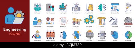 Konstruktionssymbole festgelegt. Bearbeitbare Symbole für Bauwesen, Mechanik, KI, Software und Industrie. Vektor Stock Vektor