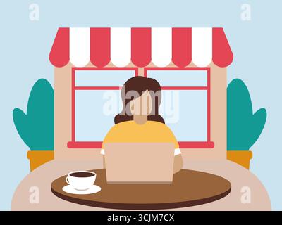 Frau, die in einem Café an einem Laptop arbeitet. Stock Vektor