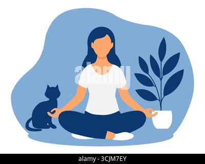 Meditierende Frau in Lotusposition mit Katze. Stock Vektor